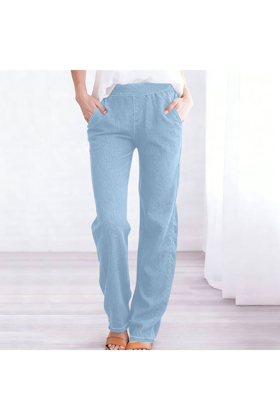 Womens Straight Leg Pull on Jeans with Pockets Trendy High Waisted Elastic Baggy Stretchy Denim Pants Light Blue S