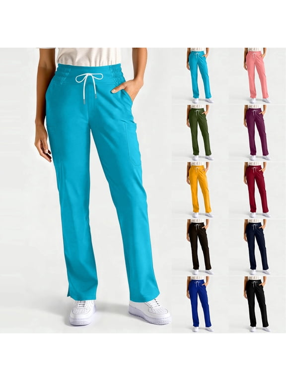 Womens Straight Leg Scrub Pants Drawstring Mid Rise Nursing Uniform 4-Way Stretch Soft Healthcare Professional Bottoms with Functional Pockets ,S,#01 Turquoise