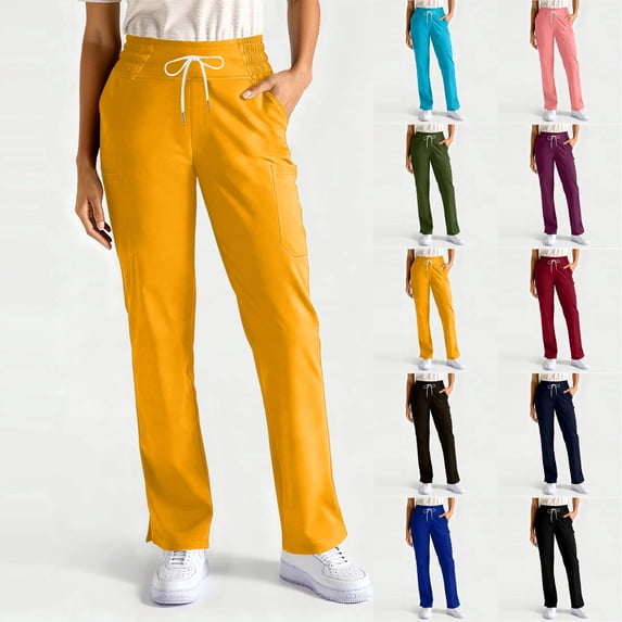 Womens Straight Leg Scrub Pants Drawstring Mid Rise Nursing Uniform 4-Way Stretch Soft Healthcare Professional Bottoms with Functional Pockets ,XXL,#01 Yellow