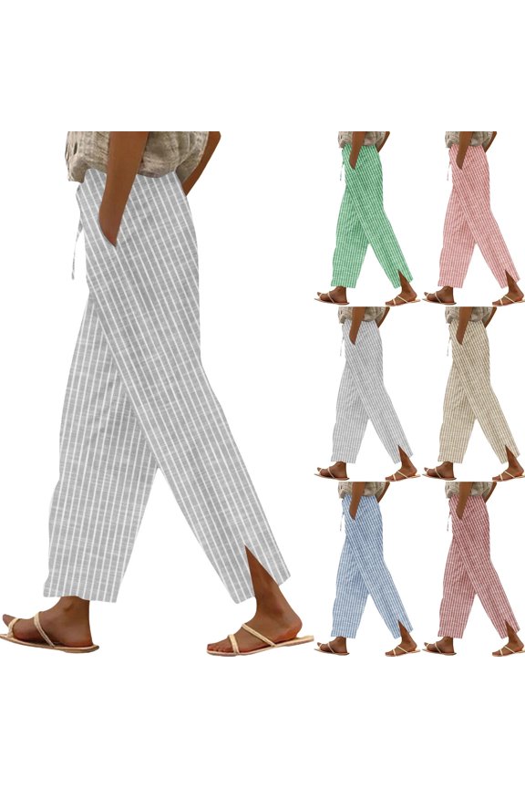 Womens Straight Leg Side Split Linen Pants Vertical Striped High Waisted Elastic Drawstring Full Length Trousers Casual Wear Breathable Trousers with Pockets, #03 Gray, XXL