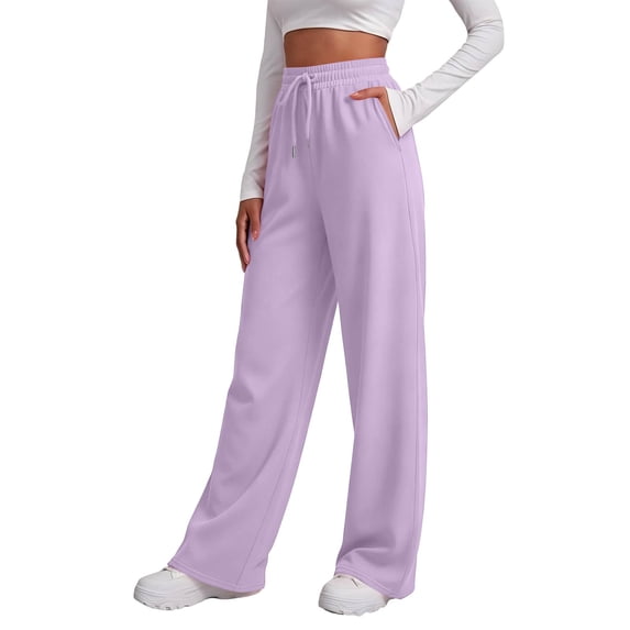 Womens Straight Leg Sweat Pants With Pockets Wide Leg Sweatpants High Waisted Baggy Interior Drawstring Joggers Light Purple XL