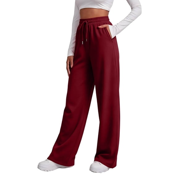 Womens Straight Leg Sweat Pants With Pockets Wide Leg Sweatpants High Waisted Baggy Interior Drawstring Joggers Wine XL