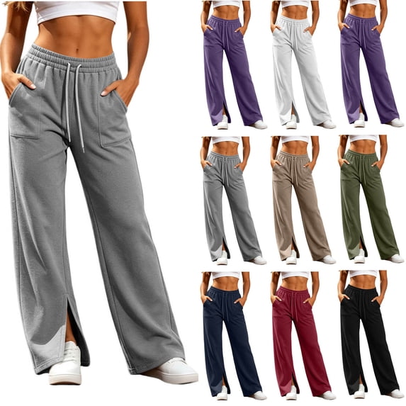 Womens Straight Leg Sweatpants, High Waisted Solid Pants with Side Pockets, Loose Fit, Travel & Street Wear | VerBelle,Gray S