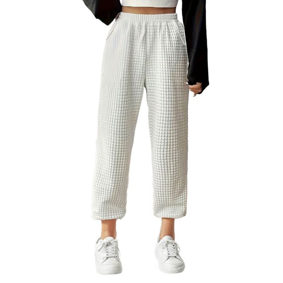 Womens Straight Wide Leg Pants Casual Drawstring High Waist Trousers Solid Color Loose Lounge Pockets Bottoms (White 2XL )