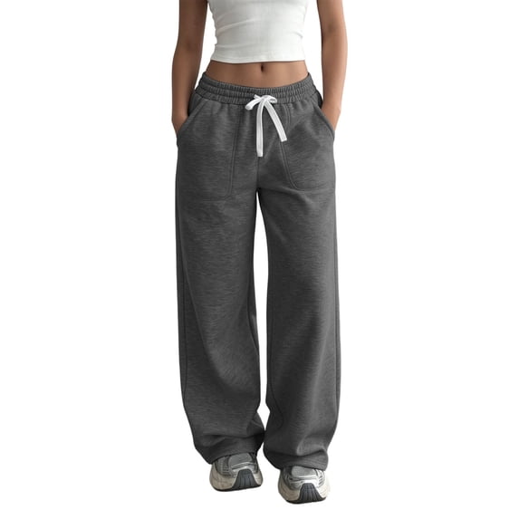 Womens Straight Wide Leg Pants Solid Color Loose Sweatpants Elastic Waist Drawstring Trousers with Pockets Fall Winter Comfortable Full Length Pants