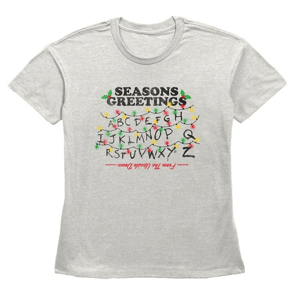 Womens Stranger Things Distressed Seasons Greeting Lights T Shirt