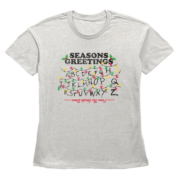 Womens Stranger Things Distressed Seasons Greeting Lights T Shirt