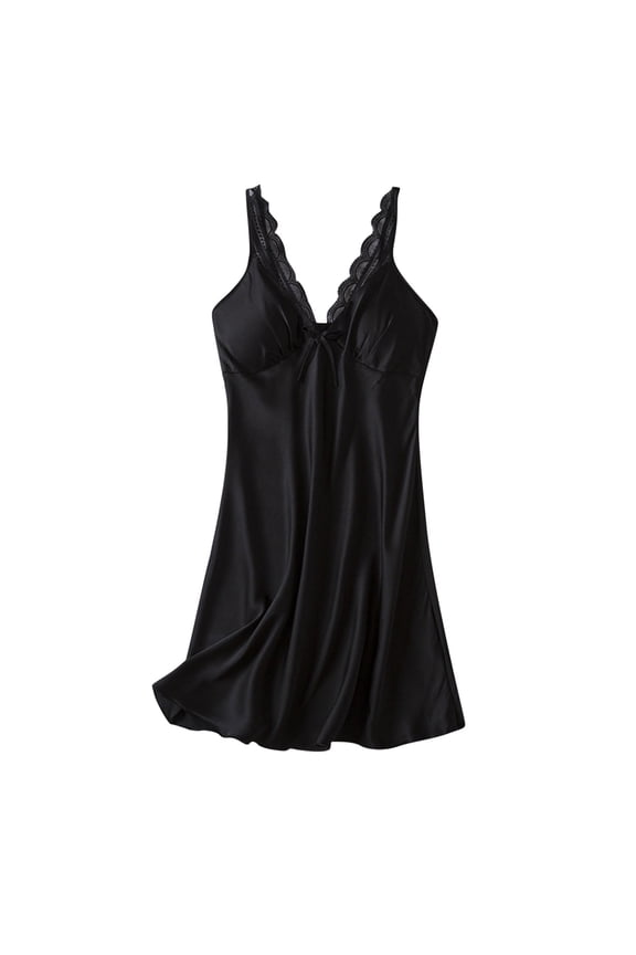 Womens Strap Slip Dress Nightgowns Ice Silk Loose Full Slips Built in Bra Dresses Satin Sleepshirt Nightgown (L, Black)
