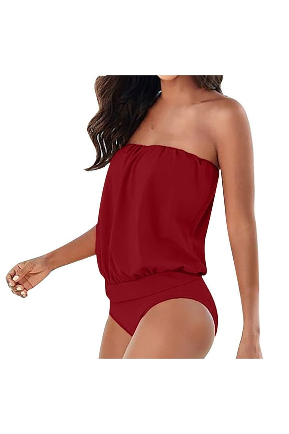 Womens Strapless Bandeau 1 Piece Swimsuits Solid Color Tube Swimwear Sexy Shirring Monokini Red L