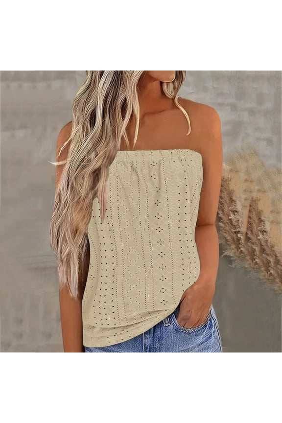 Women's Strapless Tube Top Sleeveless Pleated Pattern Stretchy Summer Shirt Blouse, Limited Time Under 10 Dollars