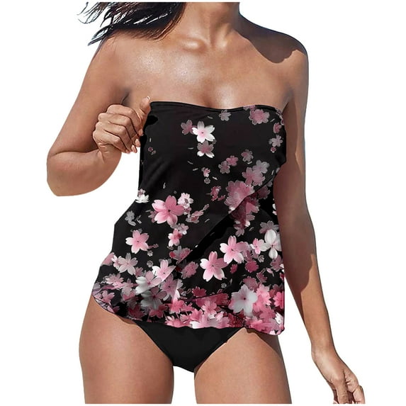 Womens Strapless Bandeau Tankini Swimsuit Removable Straps Blouson Top with Bikini Bottom summer printed Swimwear Beach Bathing Suits