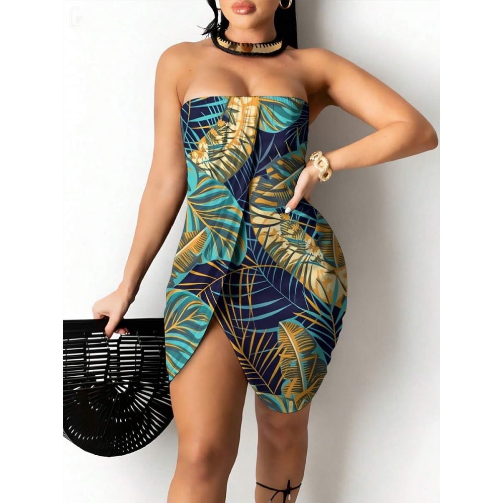 tropical print bodycon dress Womens Strapless Mini With Leaf In Blue Gold Style Color:Clover Green conscious production practices Color 04/26 Silky Satin Night Dress