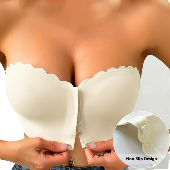 Womens Strapless Bra Non-Slip Desigan Bandeau Bras Front Closure Wavy Trim Seamless Comfortable Bralette