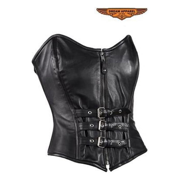 Womens Strapless Lamb Leather Corset with Zipper, Buckle & Lace - Large