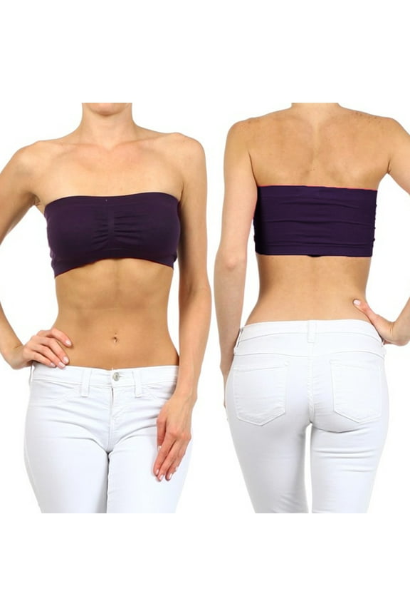 Womens Strapless Padded Bra Bandeau Tube Crop Top Removable Pads Dark Purple