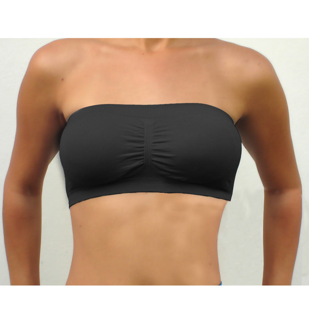 Womens Top Tube Black Padded Strapless Crop Pads Removable Bra Seamless Bandeau