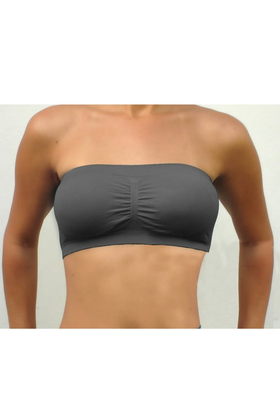 Womens Strapless Padded Bra Bandeau Tube Top Removable Pads Seamless Crop Grey
