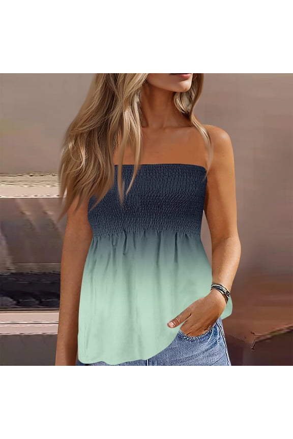 Womens Strapless Smocked Tube Tops Soft Stretchy Pleated Bandeau Tanks Loose Summer Camis Green L