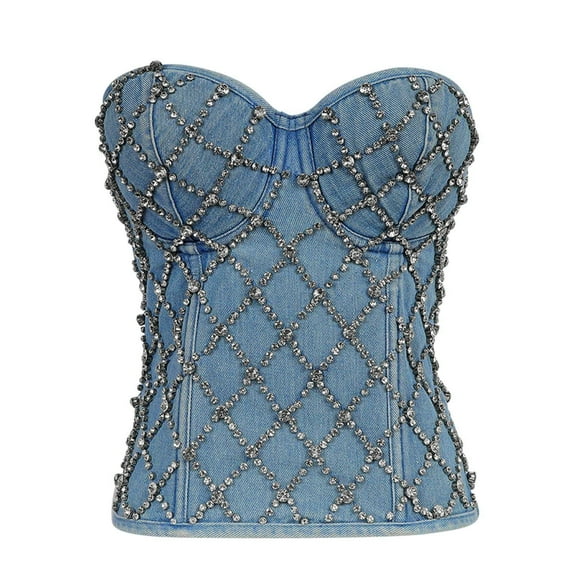 Womens Strapless Tops,Womens Lace Tops,Studded Denim Strapless with Lace Up Shaping And Slim Fitting Zippered Top for Women,Top for Women