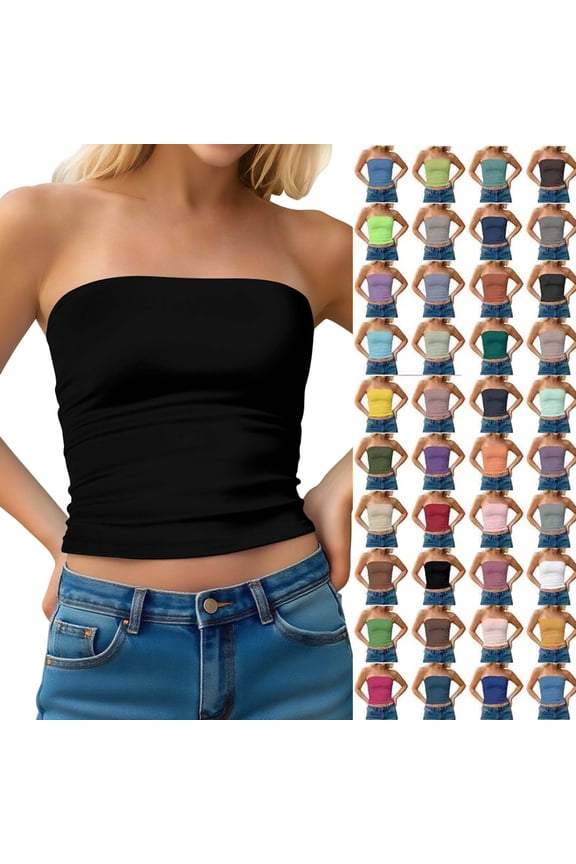 Womens Strapless Tube Top Bandeau Crop Tops Slim Fit Stretch Strapless Camisole Summer Casual Basic Solid Color Sleeveless Tank Top for Women