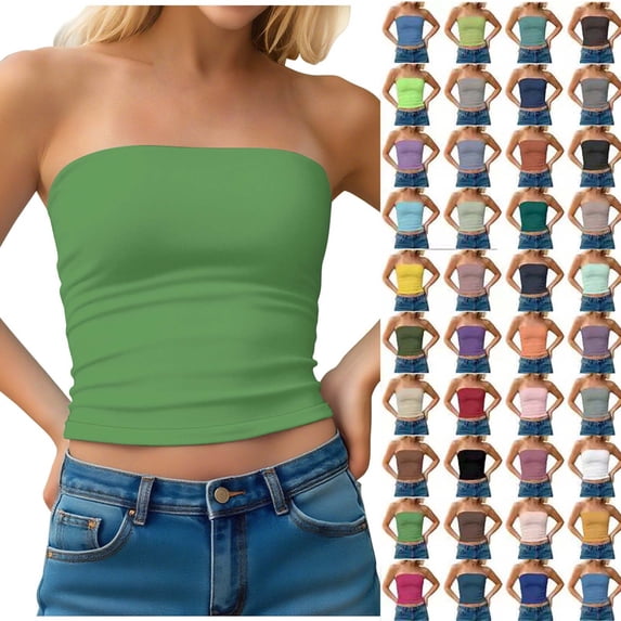 Womens Strapless Tube Top Bandeau Crop Tops Slim Fit Stretch Strapless Camisole Summer Casual Basic Solid Color Sleeveless Tank Top for Women
