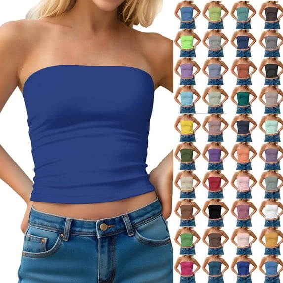 Womens Strapless Tube Top Bandeau Crop Tops Slim Fit Stretch Strapless Camisole Summer Casual Basic Solid Color Sleeveless Tank Top for Women