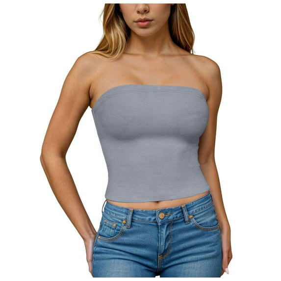 Womens Strapless Tube Tops Basic Backless Sleeveless Cotton Bandeau Going Out Crop Top Cute Summer Clothes, Light Blue XL
