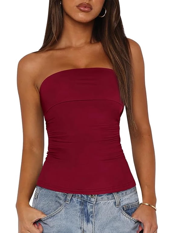 Womens Strapless Tube Tops Spring Summer Clothes Trendy Casual Ruched Stretchy Going Out Bodycon Bandeau Top