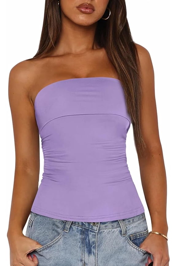 Womens Strapless Tube Tops Spring Summer Clothes Trendy Casual Ruched Stretchy Going Out Bodycon Bandeau Top