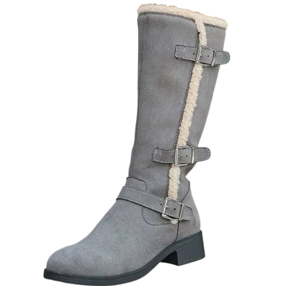Womens Strappy Knee High Snow Boots Faux Suede Leather Winter Fleece Lined Boots Low Chunky Heel Warm Shoes Size 5.5--9.5 Gray