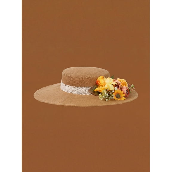 Womens Straw Boater Hat, Wide Brim Sun Hat with Floral Embellishment, Boho Summer Beach Hat, Garden Party Accessories, Vintage Style Headwea