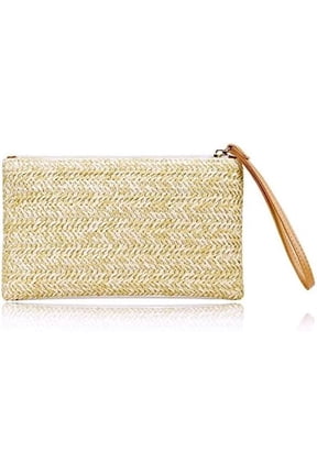 Womens Straw Clutch Bag Bohemian Summer Beach Straw Purse Zipper Wristlet Wallets for Women