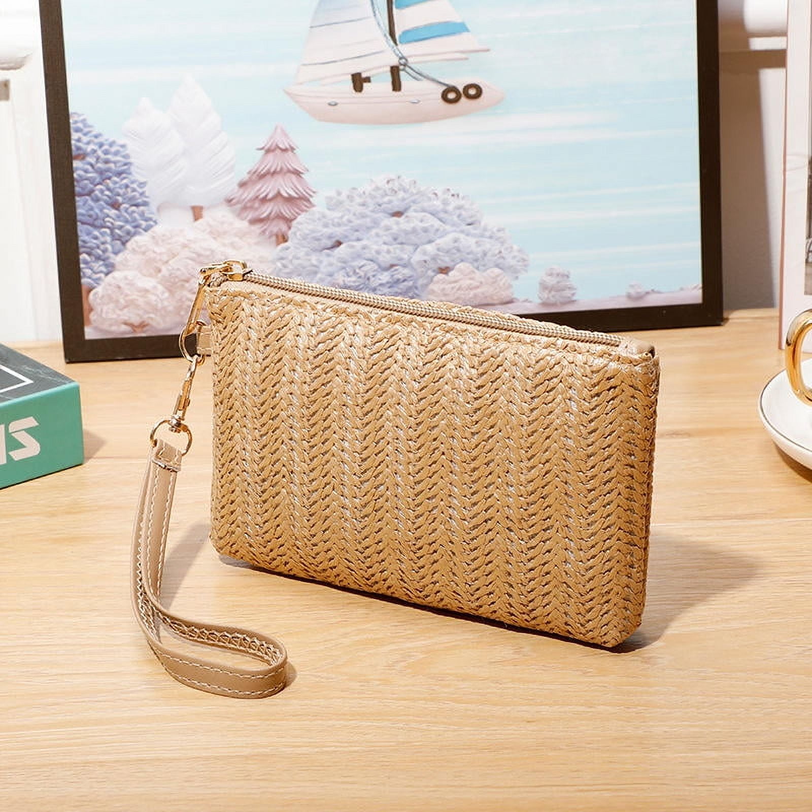 Womens Straw Clutch Bag Bohemian Summer Beach Straw Purse Zipper Wristlet Wallets for Women
