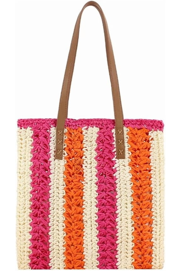 Womens Straw Handbags Shoulder Bag Casual Hobo Totes Stripe Woven Purse Rattan Summer Beach Top Handle Satchel