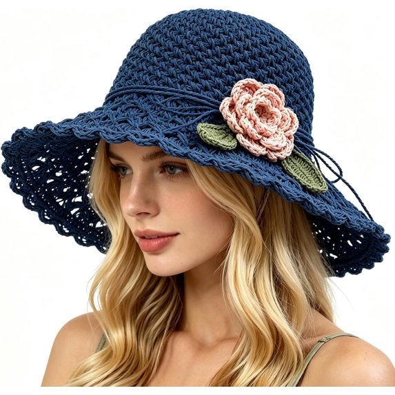 Womens Straw Hat, 2026 Upgraded Foldable Sun Hat for Women, BeachSun Straw Hats for Vacation Travel (Blue)