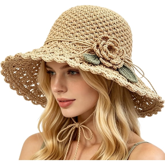 Womens Straw Hat, 2026 Upgraded Foldable Sun Hat for Women, BeachSun Straw Hats for Vacation Travel (Khaki)