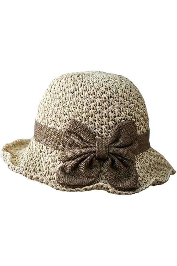 Womens Straw Hat Foldable Wide Brim Floppy Beach Sun Hats, Bucket Cap with Bowknot