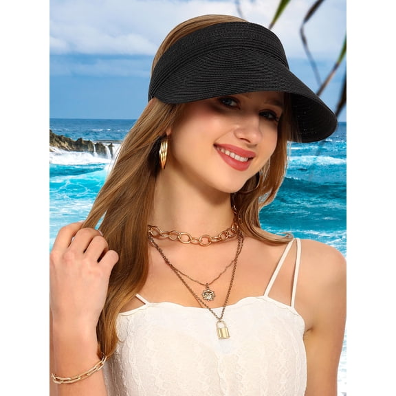 Womens Straw Hat, Sun Hats for Women UV Protection, Wide Brim Straw Visor for Women, Packable Beach Cap for Summer, Ponytail Hole UV Protection Wide Brim Summer Cap for Travel UPF 50 , Black