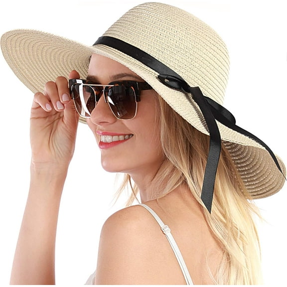 Womens Straw Hat Wide Brim Floppy Beach Sun Hat for Vacation UPF 50 