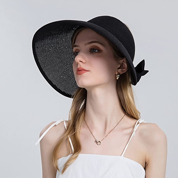 Womens Straw Hat with Hat Clip, Large Brim Slit Sun Hats for Women, Bow Knot Adjustable Ponytail Cap, Bowknot Foldable Bucket Beach Caps, Black