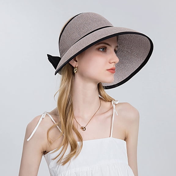 Womens Straw Hat with Hat Clip, Large Brim Slit Sun Hats for Women, Bow Knot Adjustable Ponytail Cap, Bowknot Foldable Bucket Beach Caps, Gray