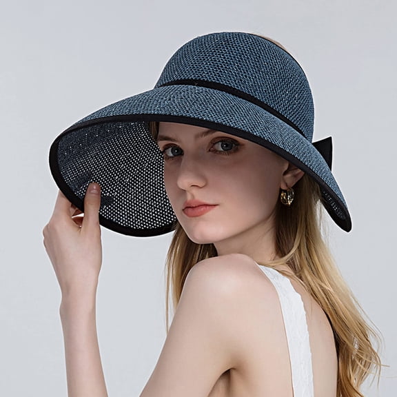 Womens Straw Hat with Hat Clip, Large Brim Slit Sun Hats for Women, Bow Knot Adjustable Ponytail Cap, Bowknot Foldable Bucket Beach Caps, Navy Blue