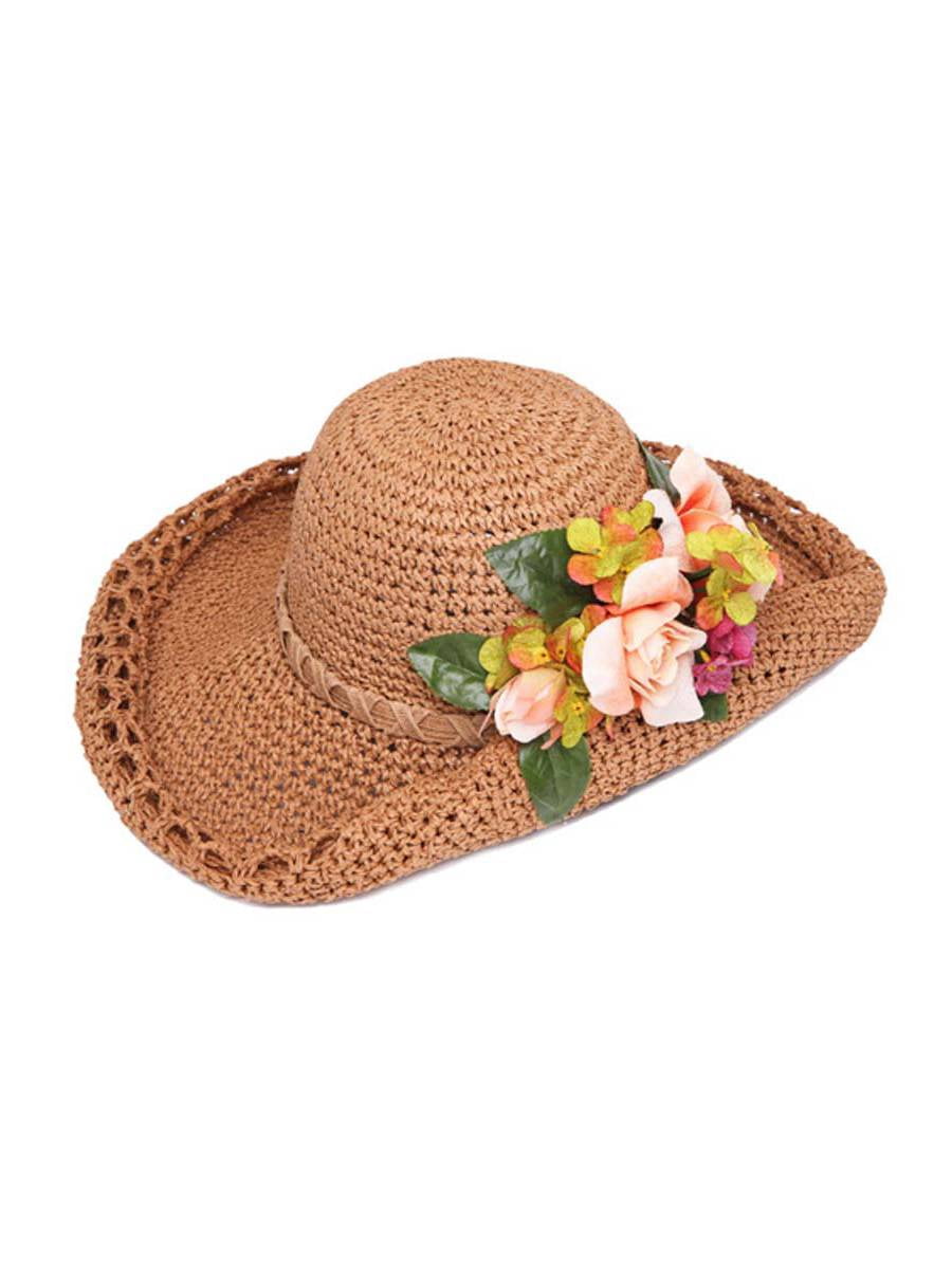 Womens Straw Paper Wide Brim Sun Hat w/ Flower - Natural  display picture 1