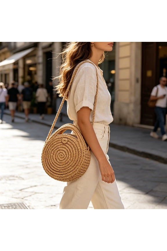 Womens Straw Round Handwoven Beach Bag,Woven Crossbody Shoulder Bags, Top Handle Satchel Handbag Purse for Summer Outdoor Daily Life (Light Brown)