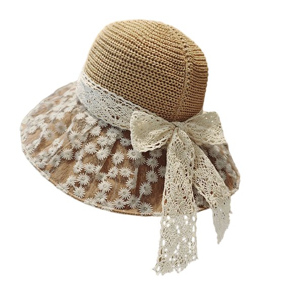 Womens Straw Sun Hat UV Protection Floppy Wide Brim Summer Beach Cap Floral Ribbon Lace Edge Detailing