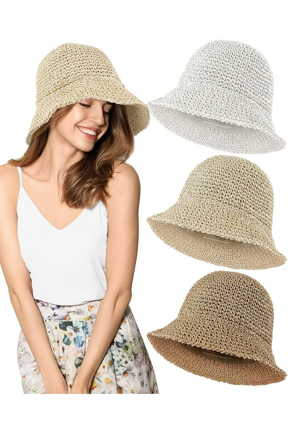 Womens Straw Sun Hat Woven Bucket Hat Fishing Hat Beach Hat Foldable Cap Solid Color Straw Beach Hat Summer
