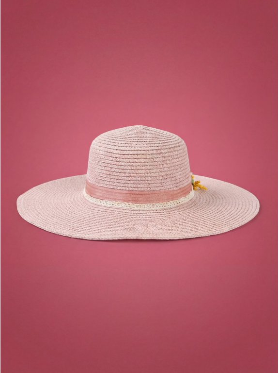 Womens Straw Sun Hat with Floral Embellishment, Wide Brim Boho Beach Hat, Summer Wedding Headwear, Vacation Travel Sun Protection Hat