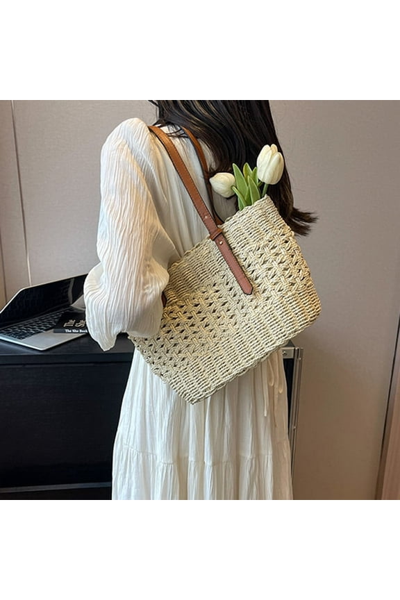 Womens Straw Tote Handbag - Summer Beach Bag with Top Handle - Handwoven Shoulder Bag