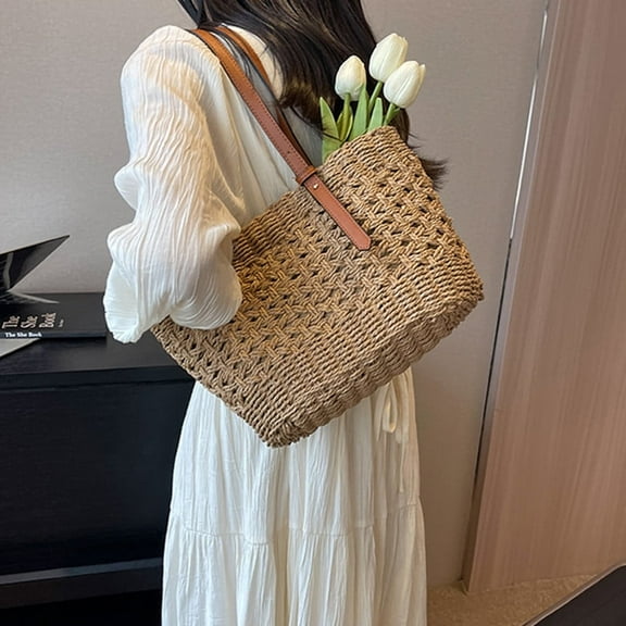 Womens Straw Tote Handbag - Summer Beach Bag with Top Handle - Handwoven Shoulder Bag