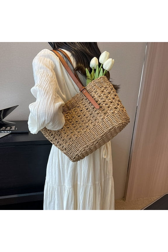 Womens Straw Tote Handbag - Summer Beach Bag with Top Handle - Handwoven Shoulder Bag